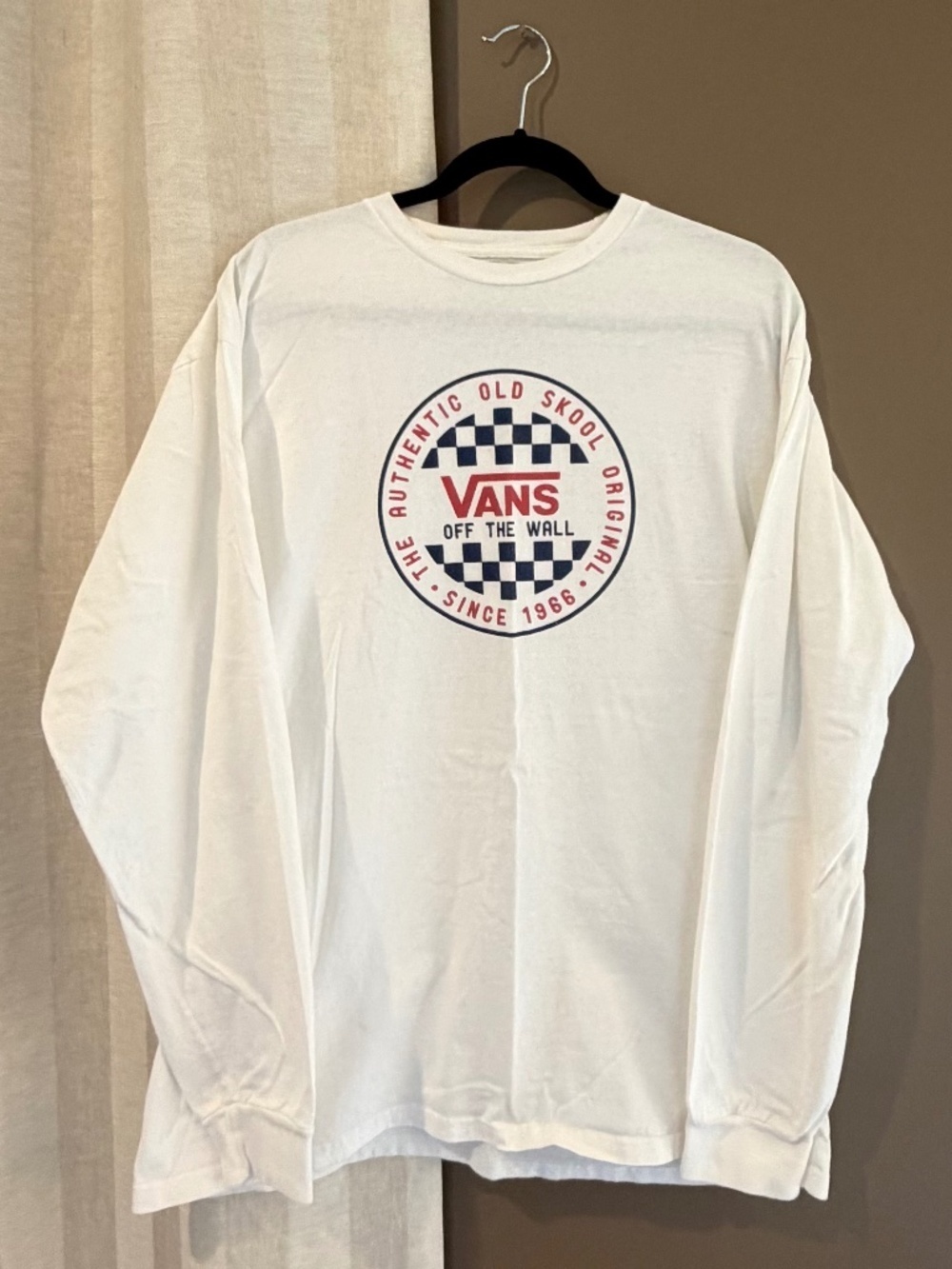 VANS Old Skool Checkered Print White Cotton Long Sleeve, Size Large